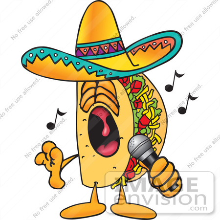 #25543 Clip Art Graphic of a Crunchy Hard Taco Character Singing Loud Into a Microphone by toons4biz