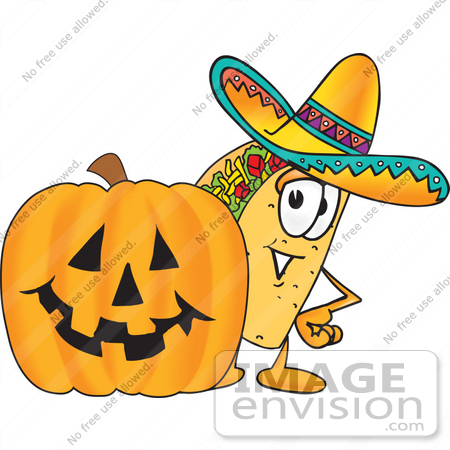 #25544 Clip Art Graphic of a Crunchy Hard Taco Character With a Carved Halloween Pumpkin by toons4biz