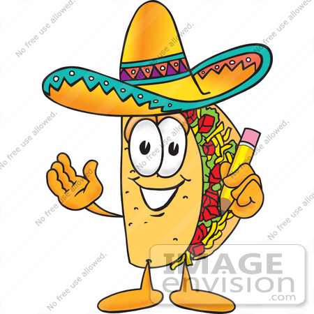 #25545 Clip Art Graphic of a Crunchy Hard Taco Character Holding a Pencil by toons4biz