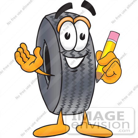 #25558 Clip Art Graphic of a Tire Character Holding a Pencil by toons4biz