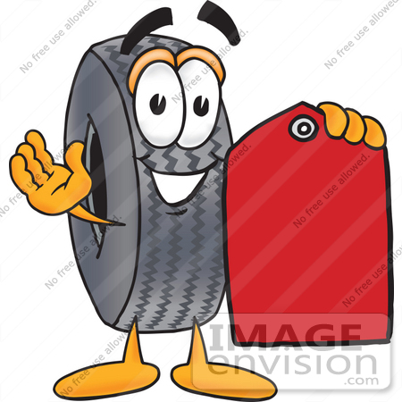 #25559 Clip Art Graphic of a Tire Character Holding a Red Sales Price Tag by toons4biz