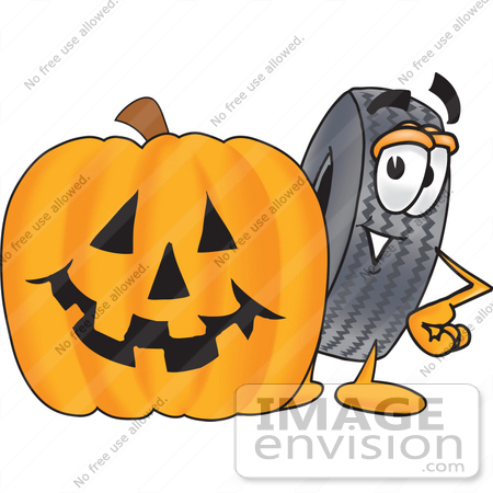 #25563 Clip Art Graphic of a Tire Character With a Carved Halloween Pumpkin by toons4biz