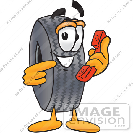 #25564 Clip Art Graphic of a Tire Character Holding a Telephone by toons4biz