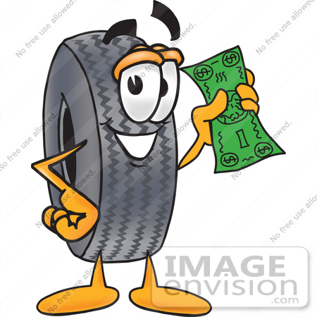 #25568 Clip Art Graphic of a Tire Character Holding a Dollar Bill by toons4biz