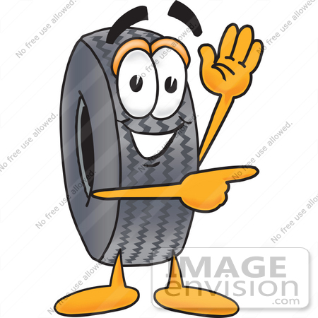 #25570 Clip Art Graphic of a Tire Character Waving and Pointing by toons4biz