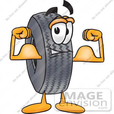 #25577 Clip Art Graphic of a Tire Character Flexing His Arm Muscles by toons4biz