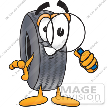 #25578 Clip Art Graphic of a Tire Character Looking Through a Magnifying Glass by toons4biz