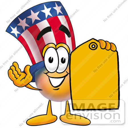 #25593 Clip Art Graphic of a Patriotic Uncle Sam Character Holding a Yellow Sales Price Tag by toons4biz