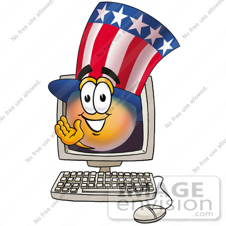 #25597 Clip Art Graphic of a Patriotic Uncle Sam Character Waving From Inside a Computer Screen by toons4biz