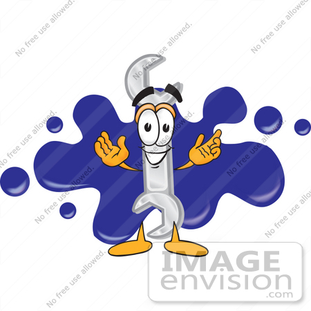 #25615 Clip Art Graphic of a Wrench Tool Character Logo With Blue Paint Splatters by toons4biz