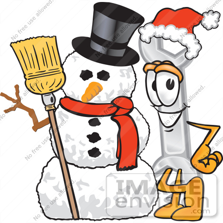 #25619 Clip Art Graphic of a Wrench Tool Character With a Snowman on Christmas by toons4biz