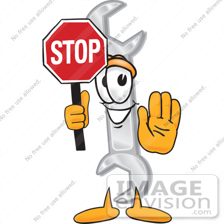 #25620 Clip Art Graphic of a Wrench Tool Character Holding a Stop Sign by toons4biz