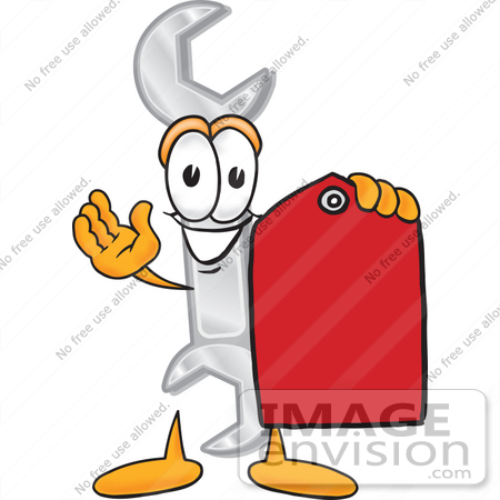 #25624 Clip Art Graphic of a Wrench Tool Character Holding a Red Sales Price Tag by toons4biz