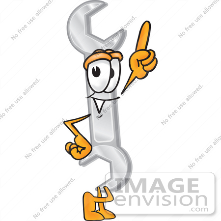 #25625 Clip Art Graphic of a Wrench Tool Character Pointing Upwards by toons4biz