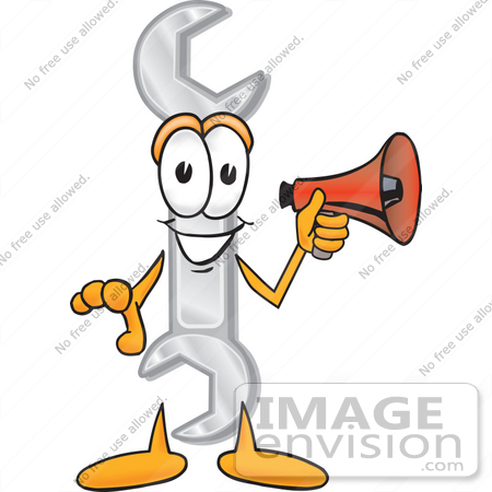 #25626 Clip Art Graphic of a Wrench Tool Character Holding a Megaphone by toons4biz