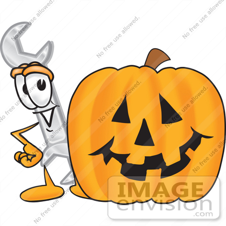 #25628 Clip Art Graphic of a Wrench Tool Character With a Carved Halloween Pumpkin by toons4biz