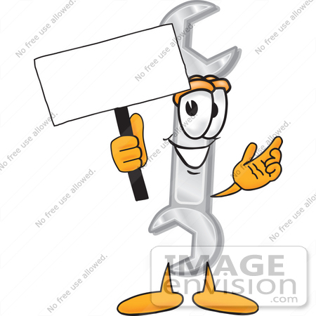 #25629 Clip Art Graphic of a Wrench Tool Character Holding a Blank Sign by toons4biz