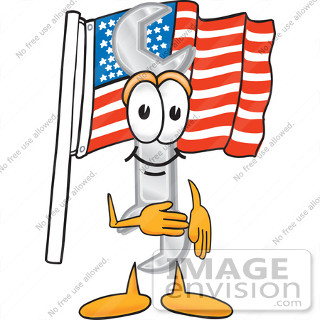 #25630 Clip Art Graphic of a Wrench Tool Character Pledging Allegiance to an American Flag by toons4biz