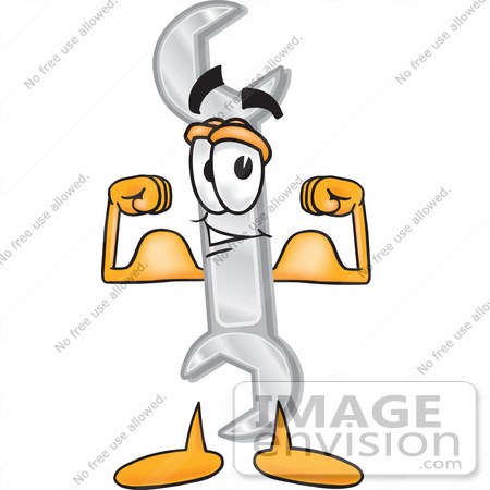 #25631 Clip Art Graphic of a Wrench Tool Character Flexing His Arm Muscles by toons4biz