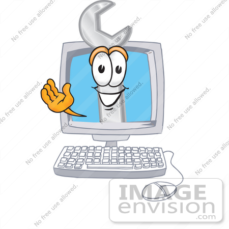 #25633 Clip Art Graphic of a Wrench Tool Character Waving From Inside a Computer Screen by toons4biz