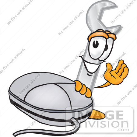 #25634 Clip Art Graphic of a Wrench Tool Character With a Computer Mouse by toons4biz