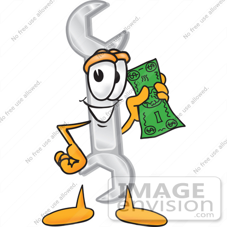 #25636 Clip Art Graphic of a Wrench Tool Character Holding a Dollar Bill by toons4biz