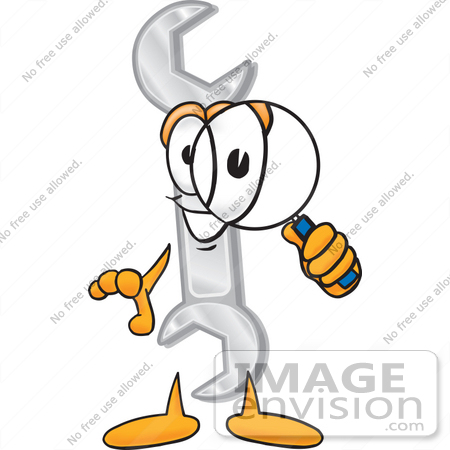 #25637 Clip Art Graphic of a Wrench Tool Character Looking Through a Magnifying Glass by toons4biz