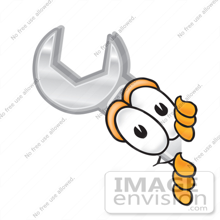 #25638 Clip Art Graphic of a Wrench Tool Character Peeking Around a Corner by toons4biz