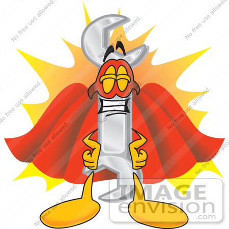 #25640 Clip Art Graphic of a Wrench Tool Character Dressed as a Super Hero by toons4biz