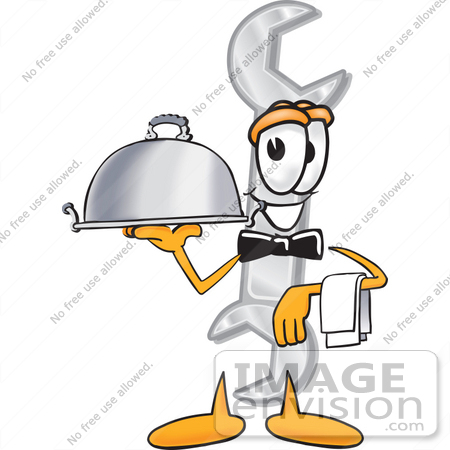 #25642 Clip Art Graphic of a Wrench Tool Character Dressed as a Waiter and Holding a Serving Platter by toons4biz