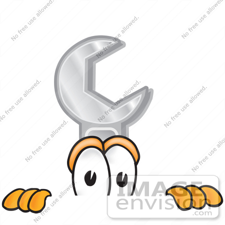 #25644 Clip Art Graphic of a Wrench Tool Character Peeking Over a Surface by toons4biz