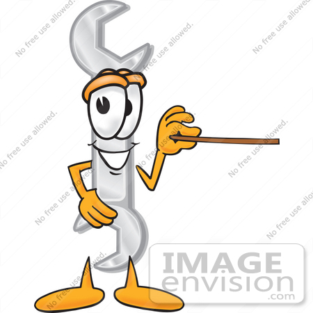 #25646 Clip Art Graphic of a Wrench Tool Character Holding a Pointer Stick by toons4biz