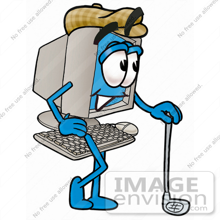 #25647 Clipart Picture of a Desktop Computer Mascot Cartoon Character Leaning on a Golf Club While Golfing by toons4biz