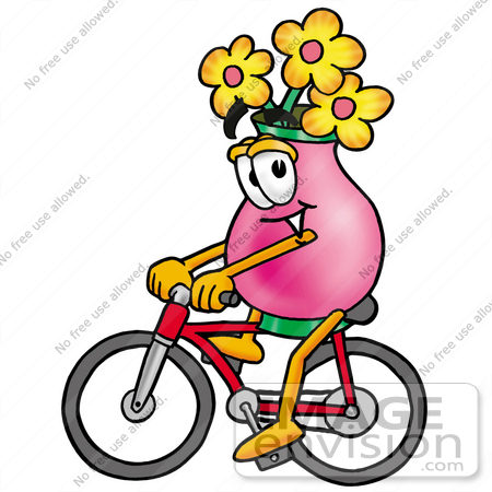 #25649 Clip Art Graphic of a Pink Vase And Yellow Flowers Cartoon Character Riding a Bicycle by toons4biz