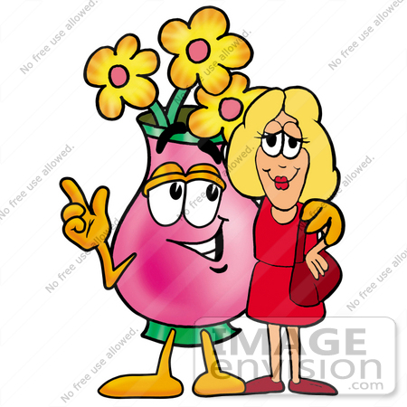 #25650 Clip Art Graphic of a Pink Vase And Yellow Flowers Cartoon Character Talking to a Pretty Blond Woman by toons4biz