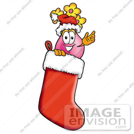 #25651 Clip Art Graphic of a Pink Vase And Yellow Flowers Cartoon Character Wearing a Santa Hat Inside a Red Christmas Stocking by toons4biz