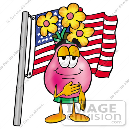 #25652 Clip Art Graphic of a Pink Vase And Yellow Flowers Cartoon Character Pledging Allegiance to an American Flag by toons4biz