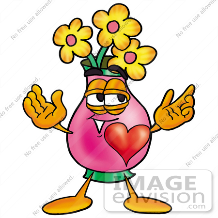 #25653 Clip Art Graphic of a Pink Vase And Yellow Flowers Cartoon Character With His Heart Beating Out of His Chest by toons4biz