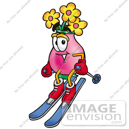 #25655 Clip Art Graphic of a Pink Vase And Yellow Flowers Cartoon Character Skiing Downhill by toons4biz