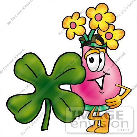 #25656 Clip Art Graphic of a Pink Vase And Yellow Flowers Cartoon Character With a Green Four Leaf Clover on St Paddy’s or St Patricks Day by toons4biz