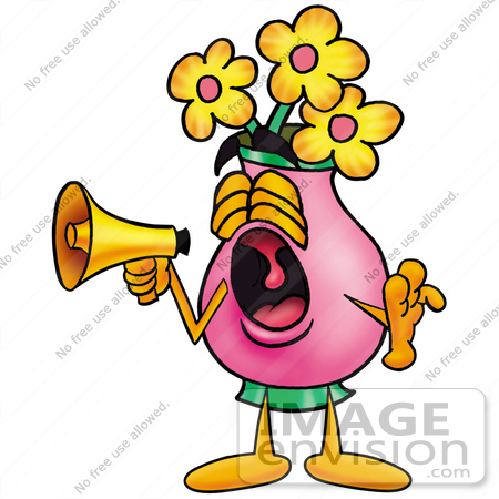 #25658 Clip Art Graphic of a Pink Vase And Yellow Flowers Cartoon Character Screaming Into a Megaphone by toons4biz