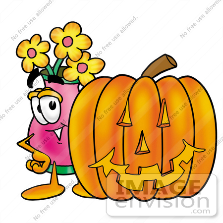 #25659 Clip Art Graphic of a Pink Vase And Yellow Flowers Cartoon Character With a Carved Halloween Pumpkin by toons4biz