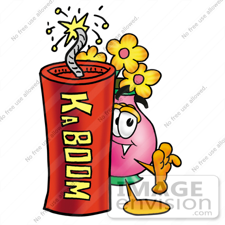 #25660 Clip Art Graphic of a Pink Vase And Yellow Flowers Cartoon Character Standing With a Lit Stick of Dynamite by toons4biz