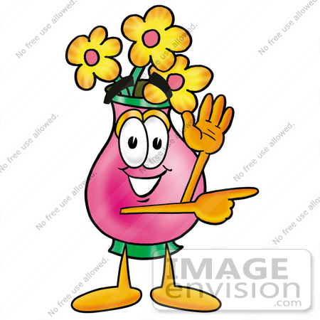#25663 Clip Art Graphic of a Pink Vase And Yellow Flowers Cartoon Character Waving and Pointing by toons4biz