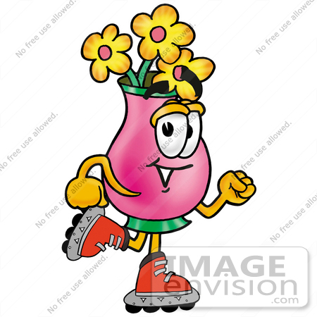#25666 Clip Art Graphic of a Pink Vase And Yellow Flowers Cartoon Character Roller Blading on Inline Skates by toons4biz