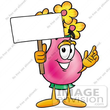#25668 Clip Art Graphic of a Pink Vase And Yellow Flowers Cartoon Character Holding a Blank Sign by toons4biz