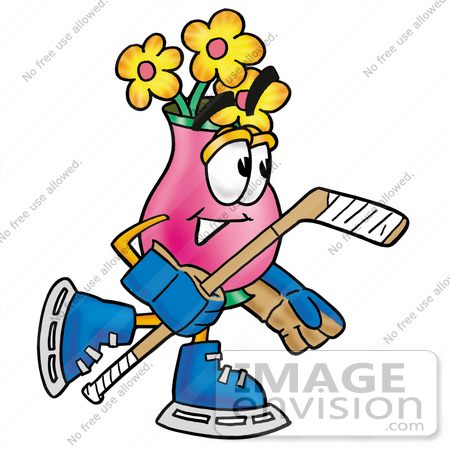 #25669 Clip Art Graphic of a Pink Vase And Yellow Flowers Cartoon Character Playing Ice Hockey by toons4biz