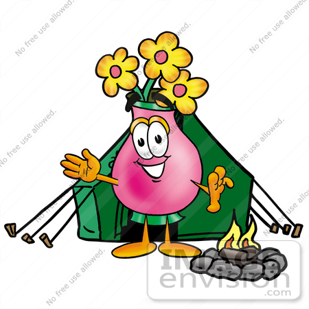 #25670 Clip Art Graphic of a Pink Vase And Yellow Flowers Cartoon Character Camping With a Tent and Fire by toons4biz