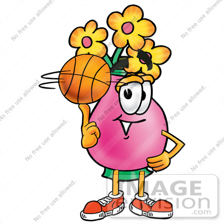 #25671 Clip Art Graphic of a Pink Vase And Yellow Flowers Cartoon Character Spinning a Basketball on His Finger by toons4biz