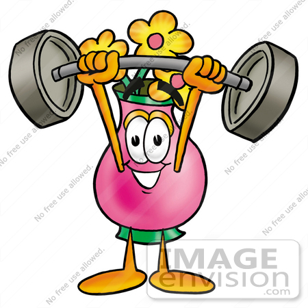 #25673 Clip Art Graphic of a Pink Vase And Yellow Flowers Cartoon Character Holding a Heavy Barbell Above His Head by toons4biz